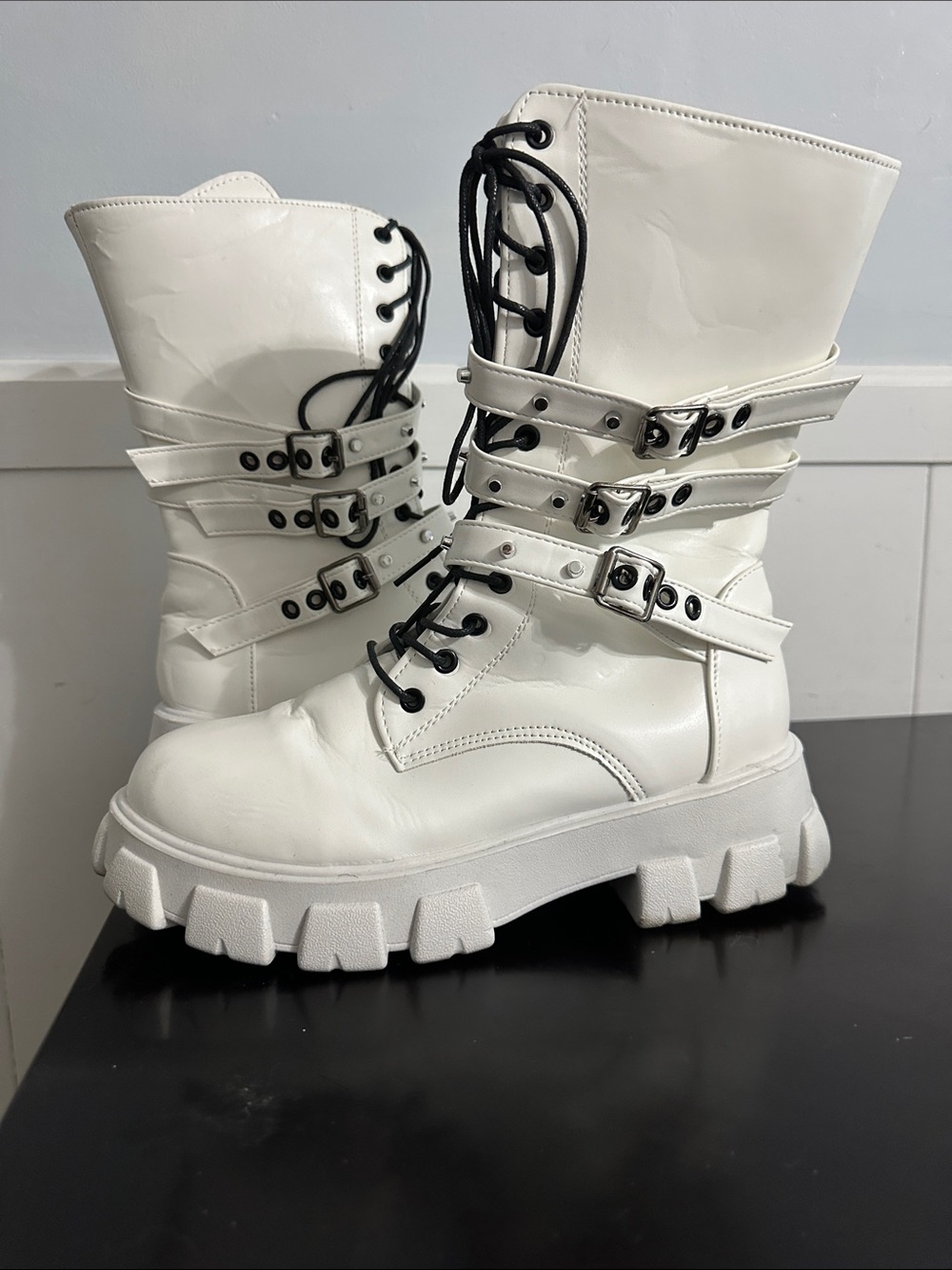 White Chunky Lug Combat Boots with Buckle Straps